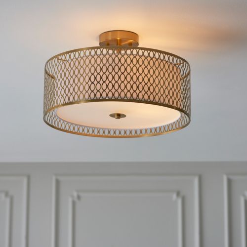 Endon Cordero 3 Light Flush Ceiling Fitting Gold Effect Plate, White Fabric & Frosted Glass 101568