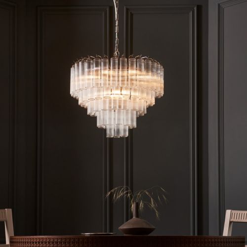Endon Toulouse 12 Light Pendant Fitting Bright Nickel Plate & Clear Ribbed Glass 104090