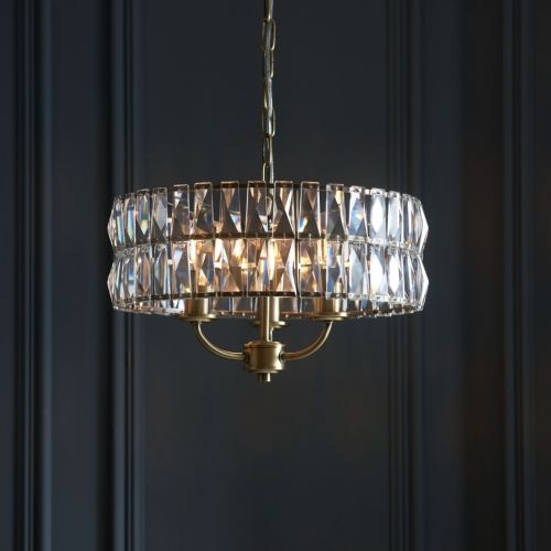 Endon Clifton 3 Light Pendant Fitting Antique Brass Plate & Clear Crystal Glass 106243