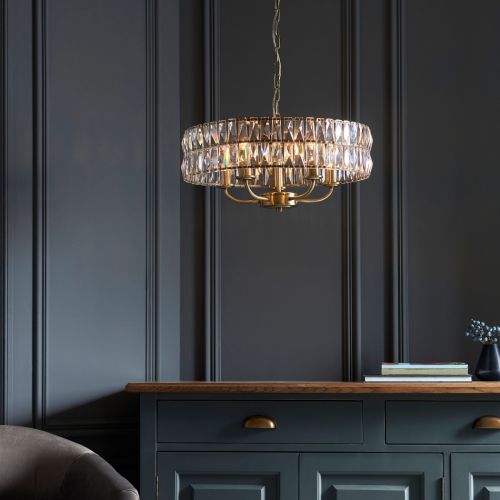 Endon Clifton 5 Light Pendant Fitting Antique Brass Plate & Clear Crystal Glass 106244
